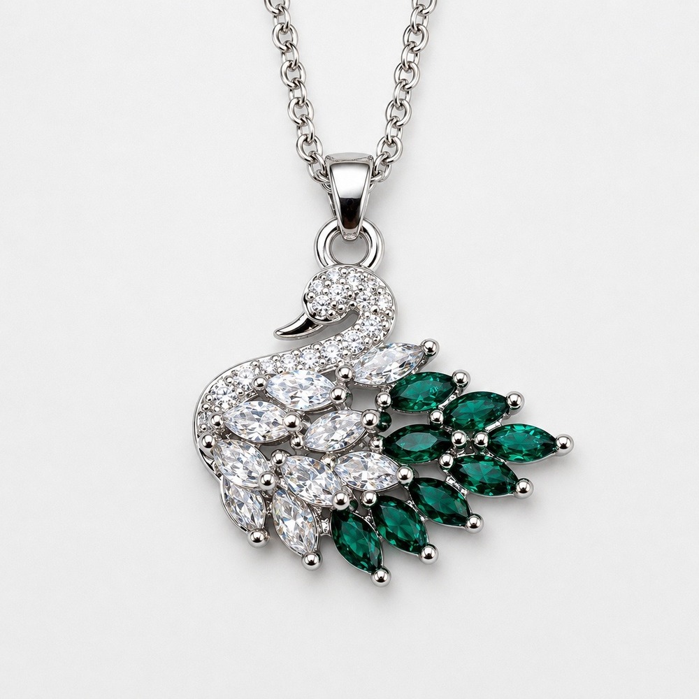 Emerald Green Swan Necklace Made with Swarovski Crystal Sterling Silver Overlay